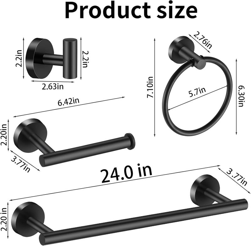 Hinmood Bathroom Hardware Set Matte Black, 10 Pieces Bathroom Accessories Set Includes Includes 2 Packs 24 Inch Towel Bar, Towel Ring, Toilet Holder and 4 Packs Towel Hooks - Image 2